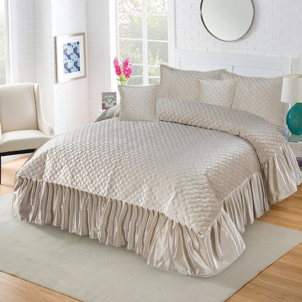 Frivvo Bridal Imported Velvet Frill Bed Sheet Set - 5pcs - Cream - FVB07