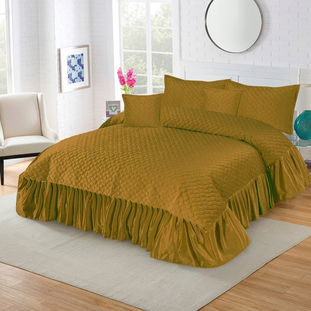 Frivvo Bridal Imported Velvet Frill Bed Sheet Set - 5pcs - Golden - FVB03