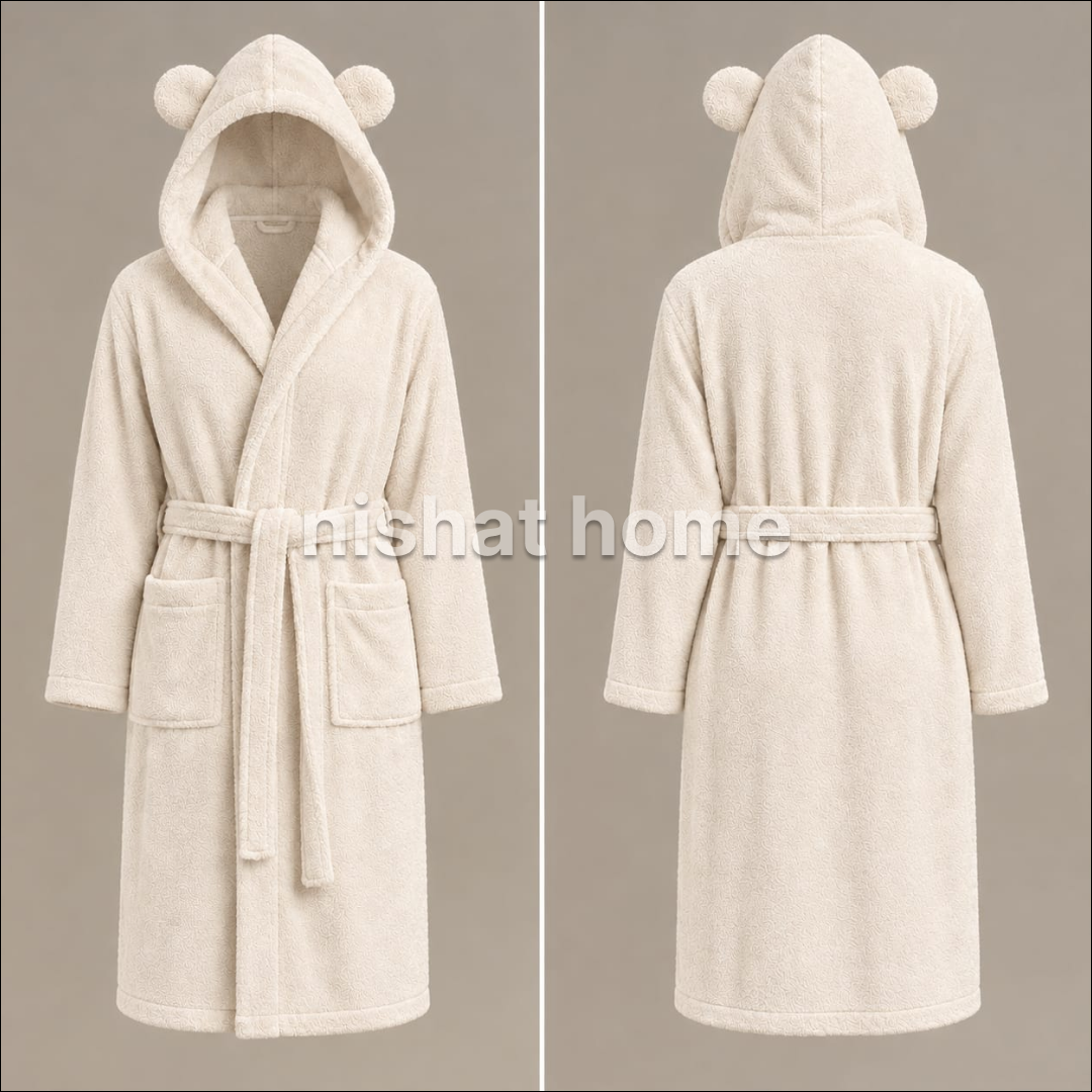 Luxury Unisex Fleece Bath Robe With Cap  - Cream - UBR16
