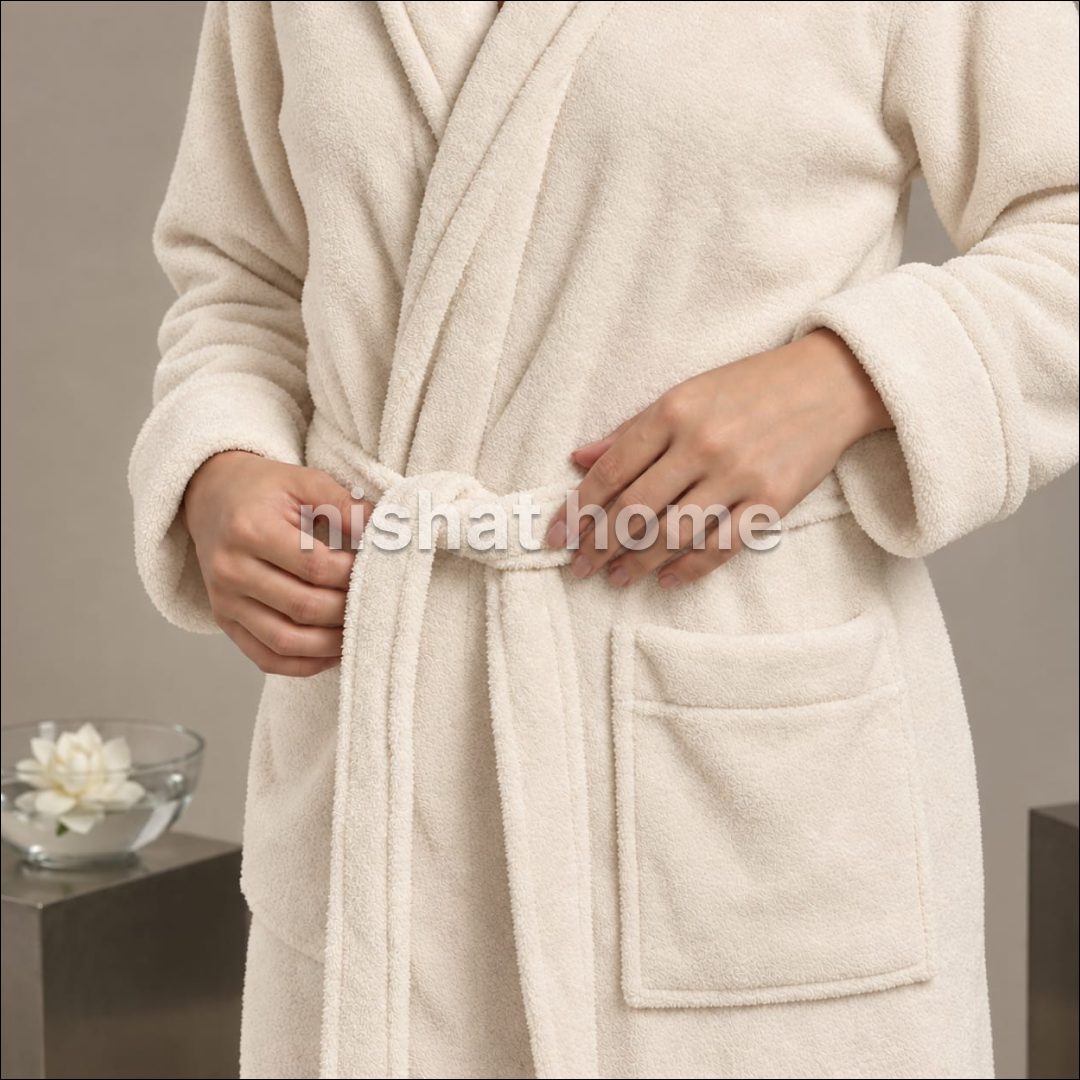 Luxury Unisex Fleece Bath Robe With Cap  - Cream - UBR16