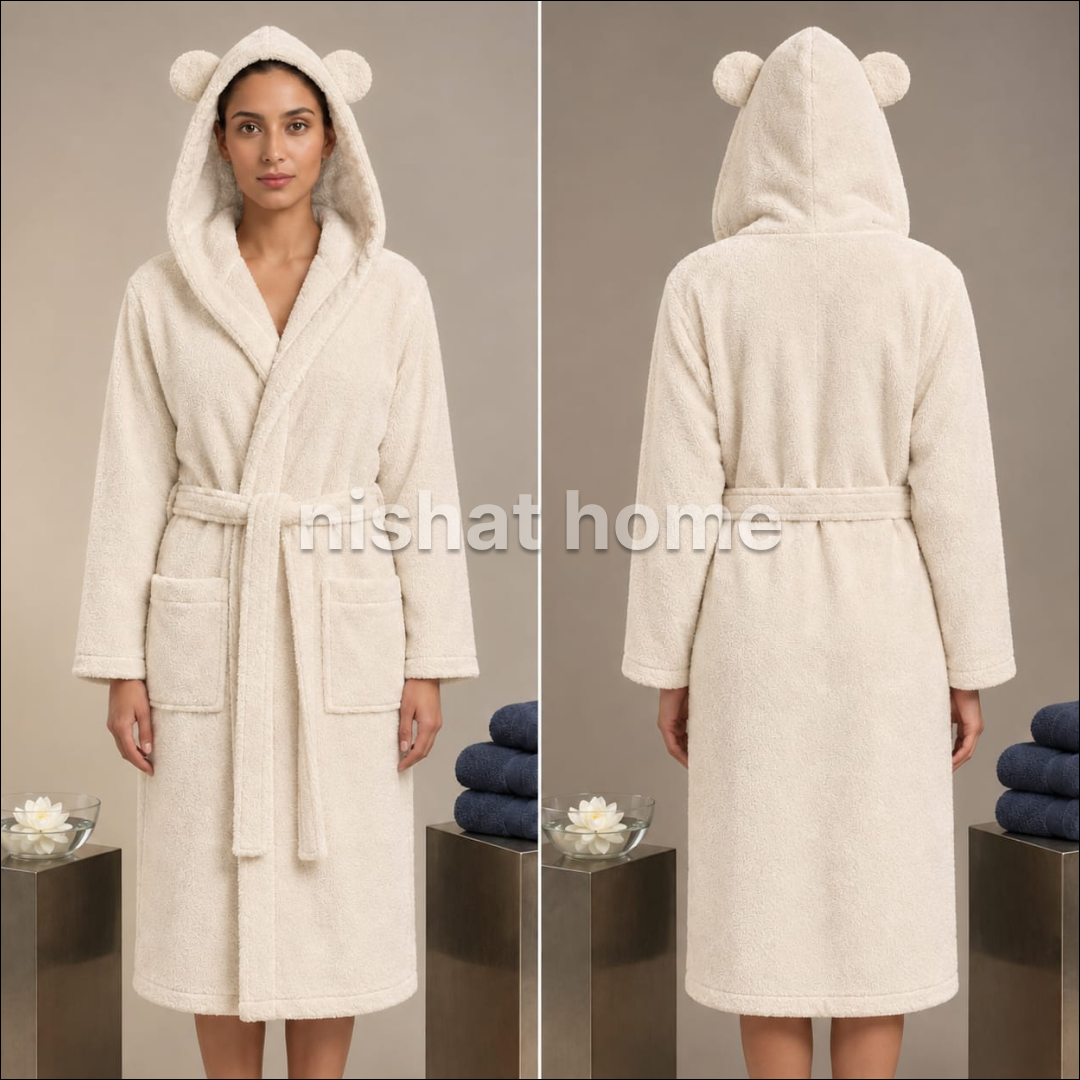 Luxury Unisex Fleece Bath Robe With Cap  - Cream - UBR16
