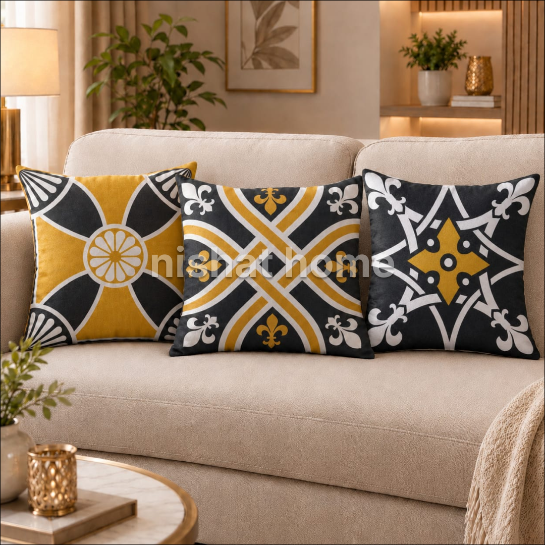 Rinqo Cushion Set - Mustard Noir Geometric - Pack of 3 - RCS12