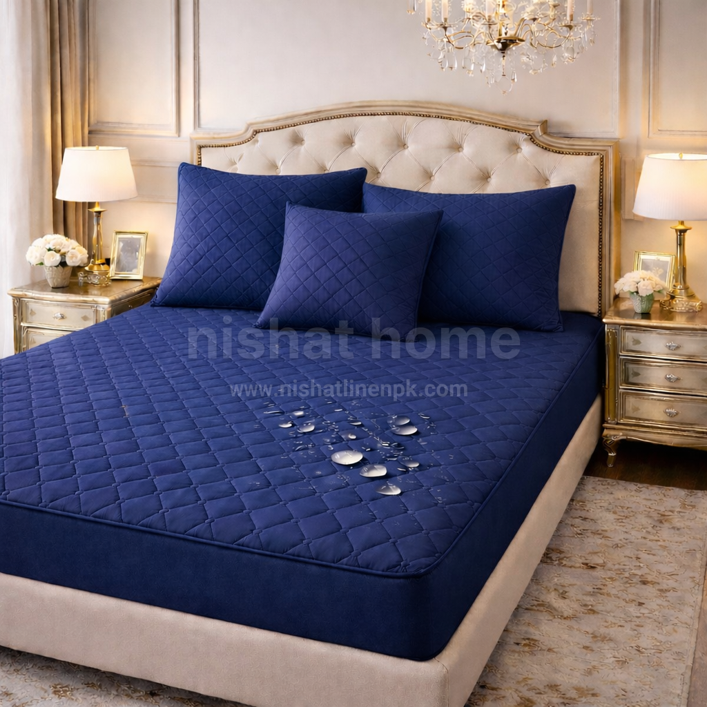 Durient Waterproof Quilted Bed Sheet Set - 4pcs - Navy - DWB06