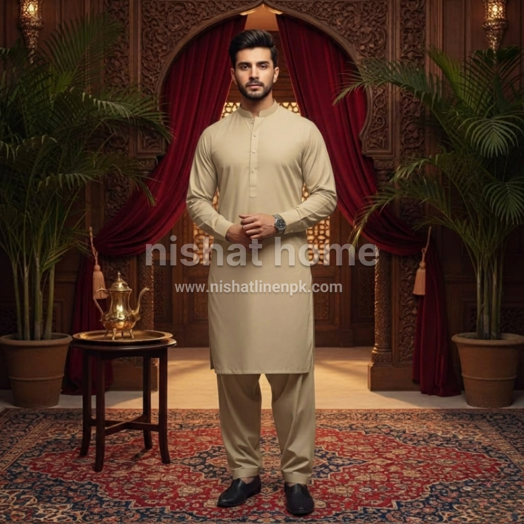 Khushi Men Premium Wash n Wear - 2pcs - Khaki - KWW15