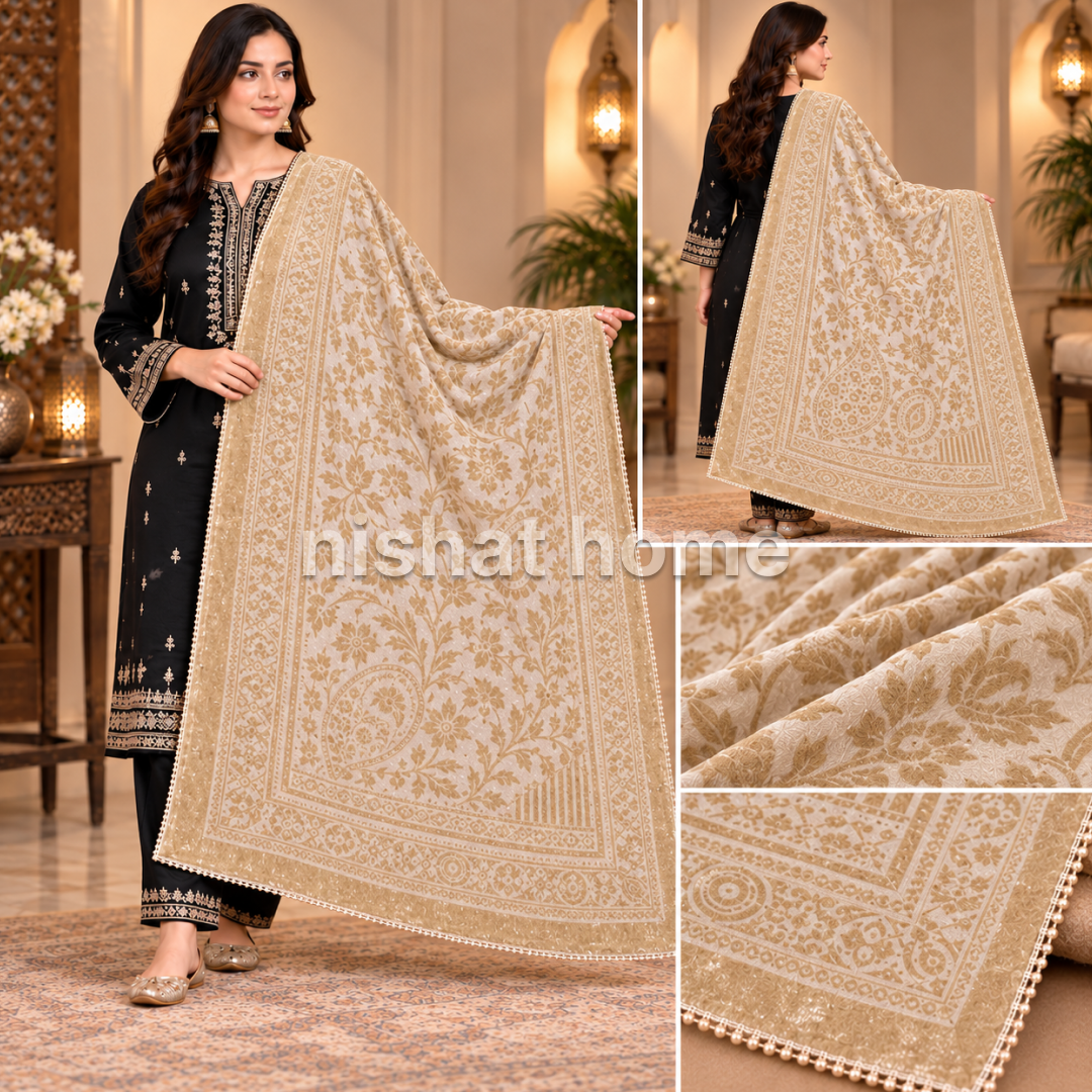 Nora Women Velvet Laser Cut Shawl with 4 Side Lace - Skin - NVS01