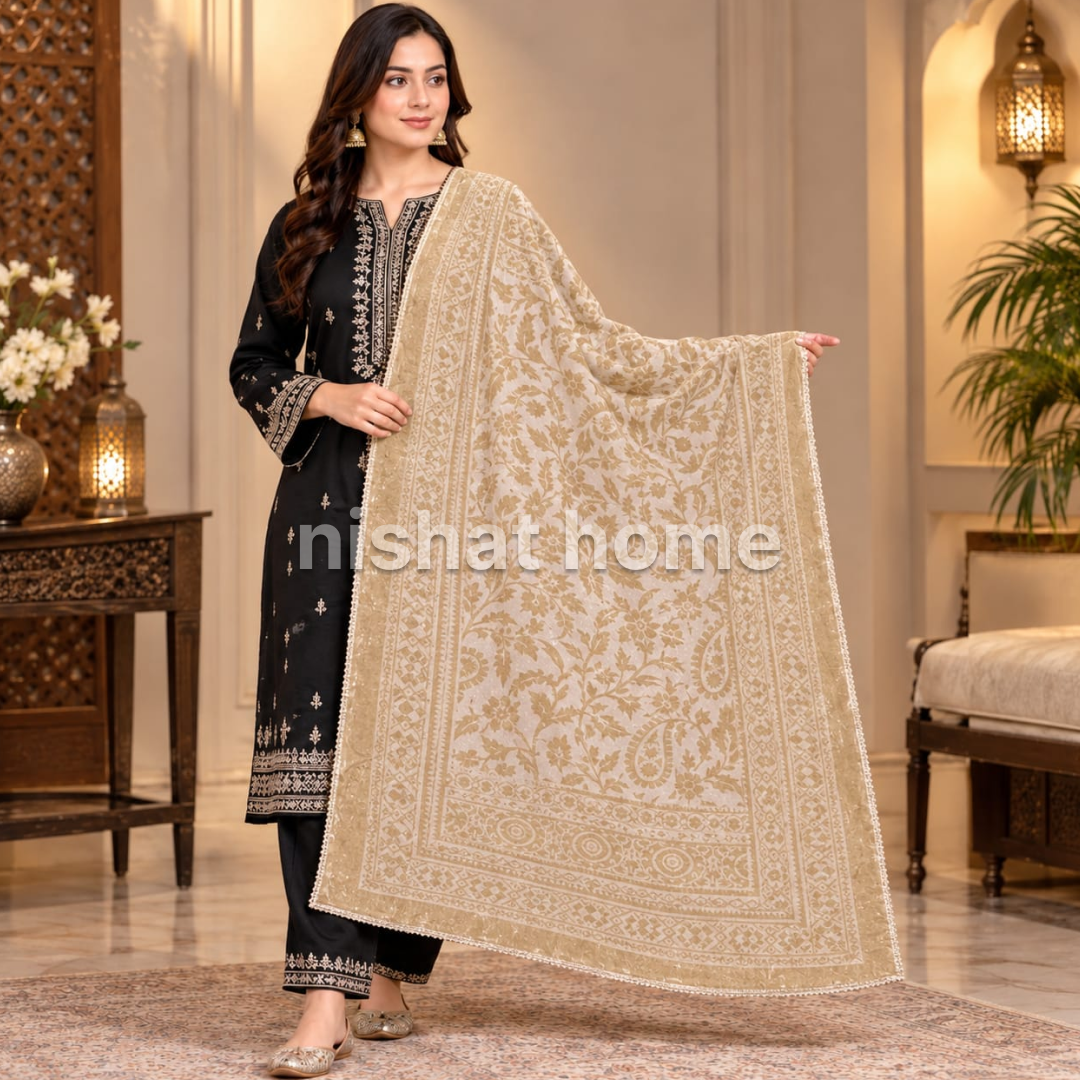 Nora Women Velvet Laser Cut Shawl with 4 Side Lace - Skin - NVS01