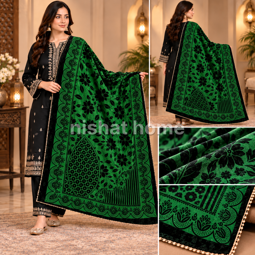 Nora Women Velvet Laser Cut Shawl with 4 Side Lace - Green - NVS02