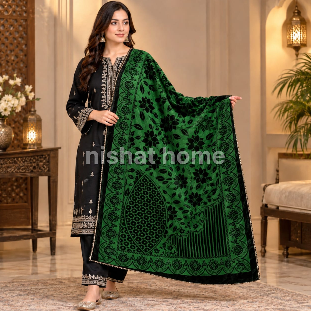 Nora Women Velvet Laser Cut Shawl with 4 Side Lace - Green - NVS02