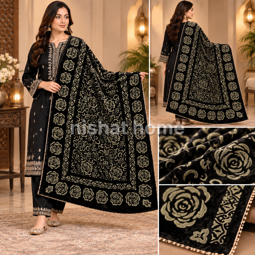 Nora Women Velvet Laser Cut Shawl with 4 Side Lace - Black - NVS03