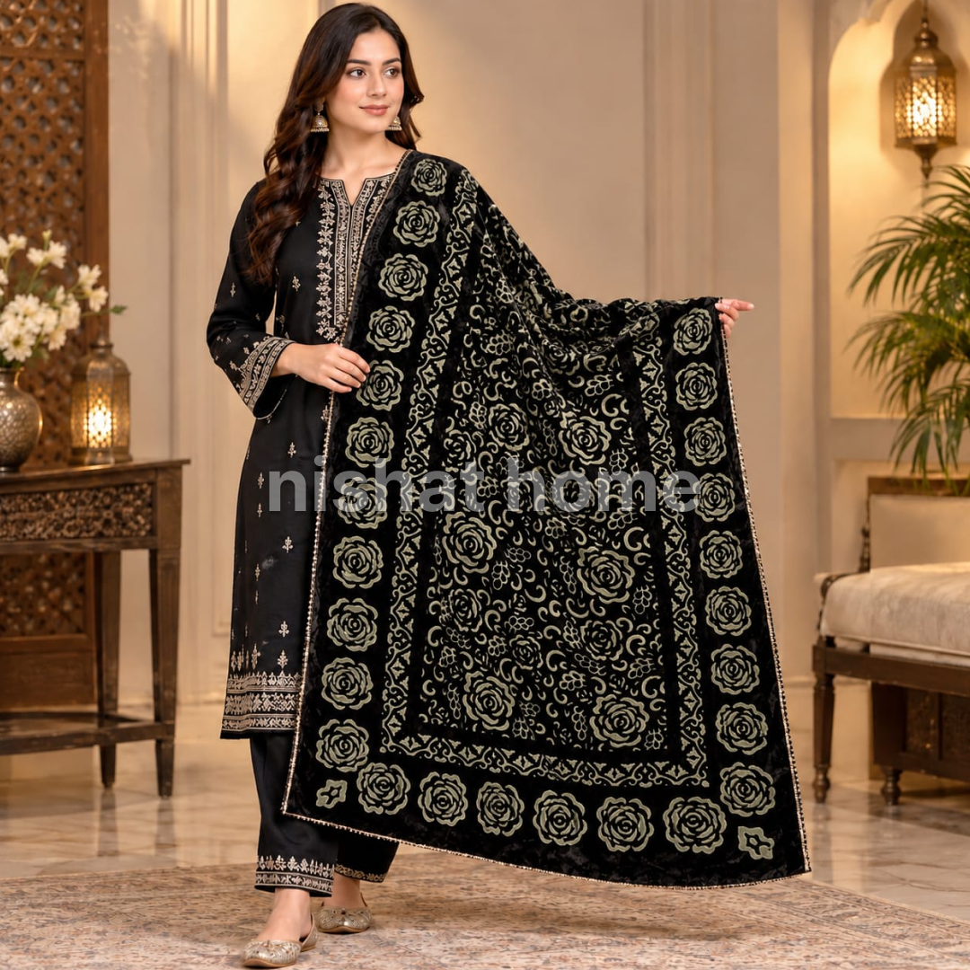 Nora Women Velvet Laser Cut Shawl with 4 Side Lace - Black - NVS03