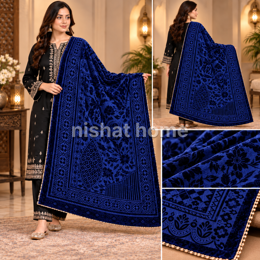 Nora Women Velvet Laser Cut Shawl with 4 Side Lace - Blue - NVS04