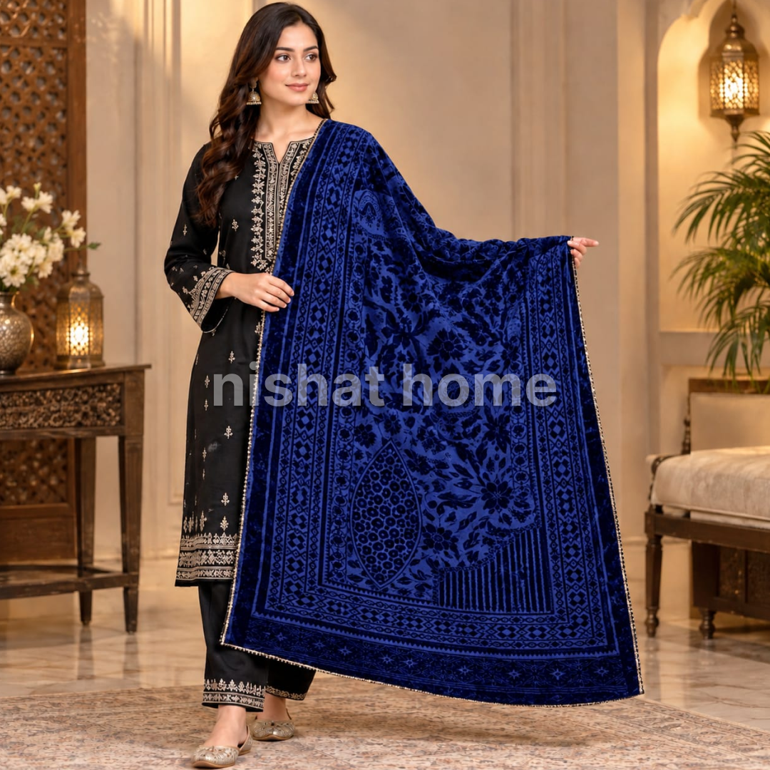 Nora Women Velvet Laser Cut Shawl with 4 Side Lace - Blue - NVS04