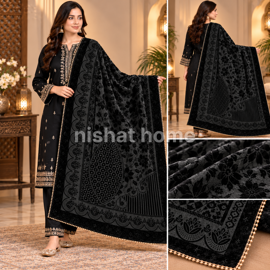 Nora Women Velvet Laser Cut Shawl with 4 Side Lace - Rich Black  - NVS05