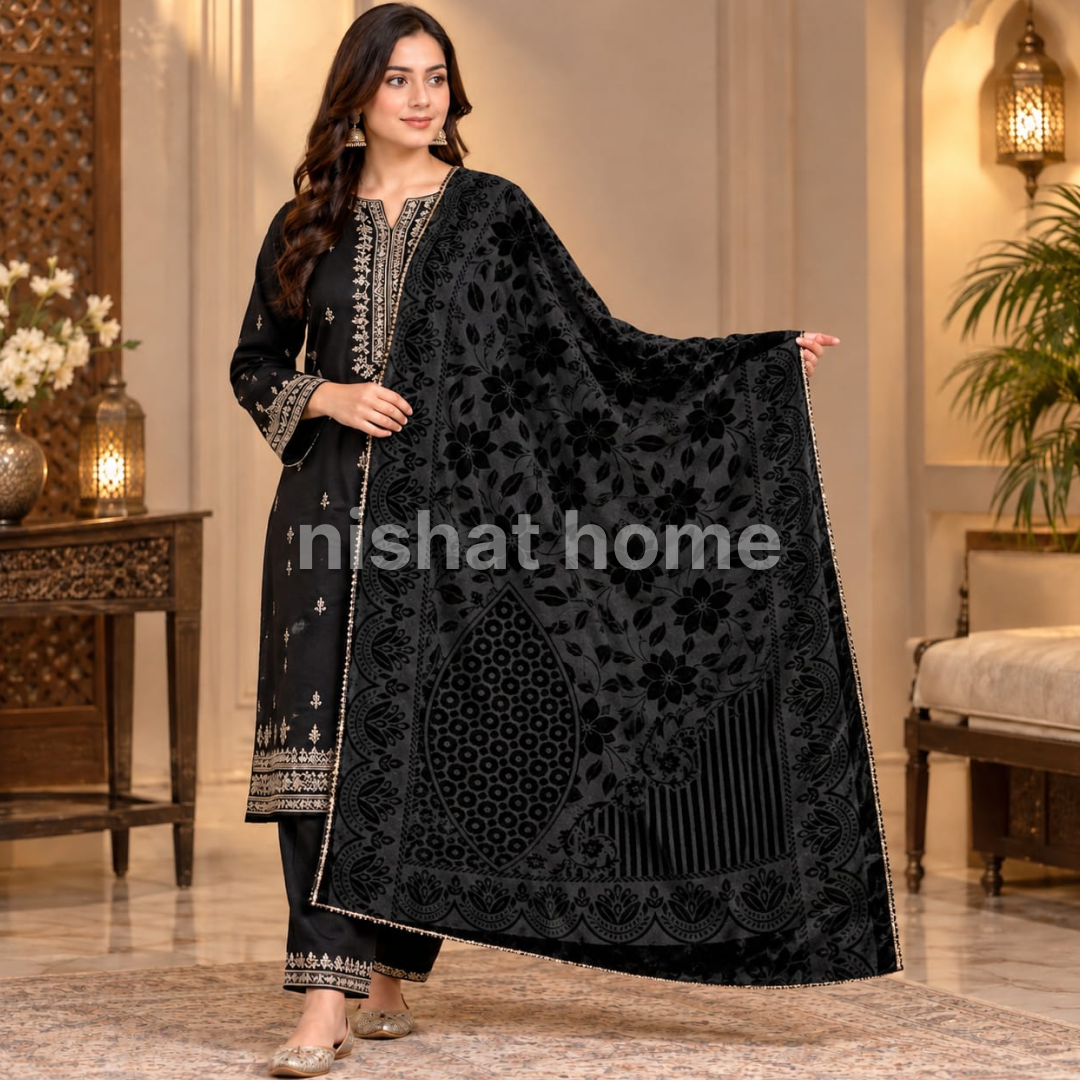 Nora Women Velvet Laser Cut Shawl with 4 Side Lace - Rich Black  - NVS05