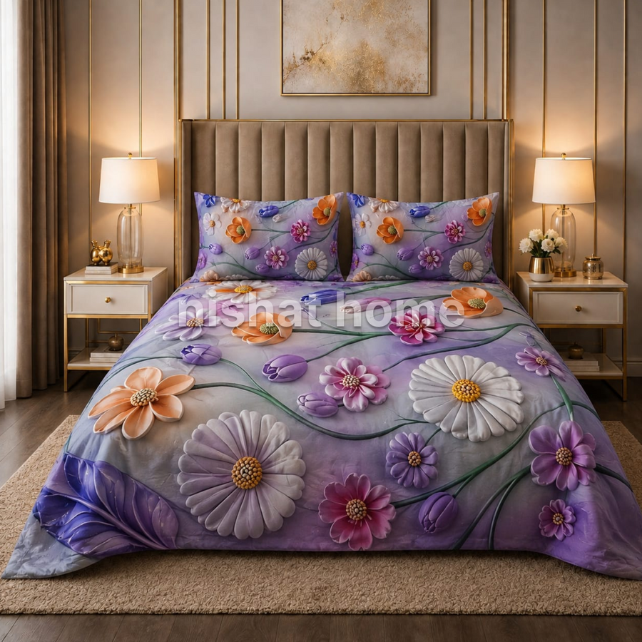 Rozani 5D Cotton Printed Bed Sheet - King - 3pcs - RDP03